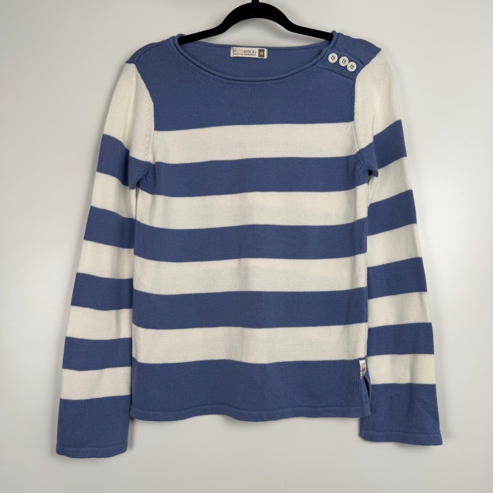 Fisherman Out of Ireland Women Blue White Striped Crew Neck Nautical Sweater M